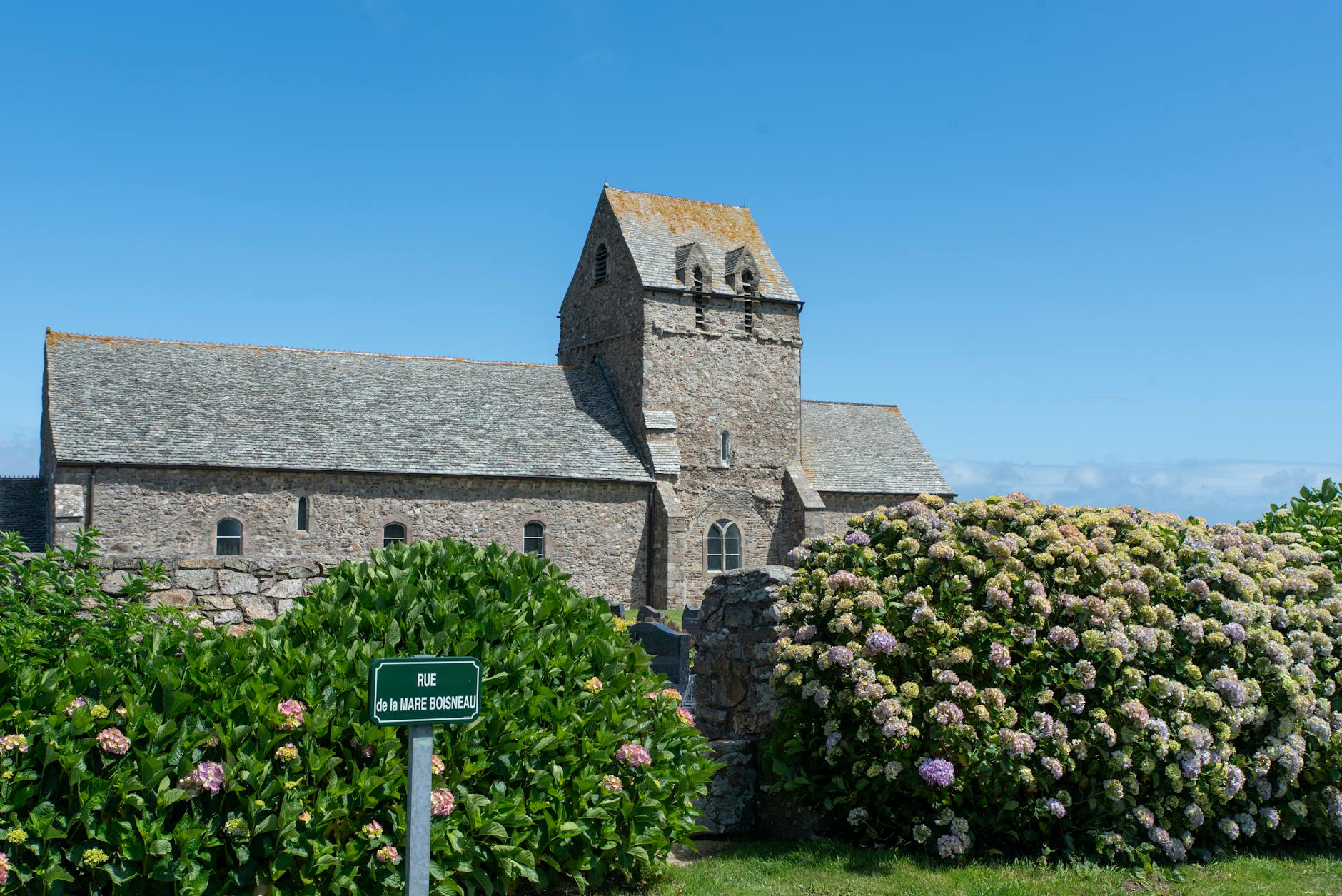 Stone church in La Hague with blooming hydrangeas, captured under a clear blue sky in summer.