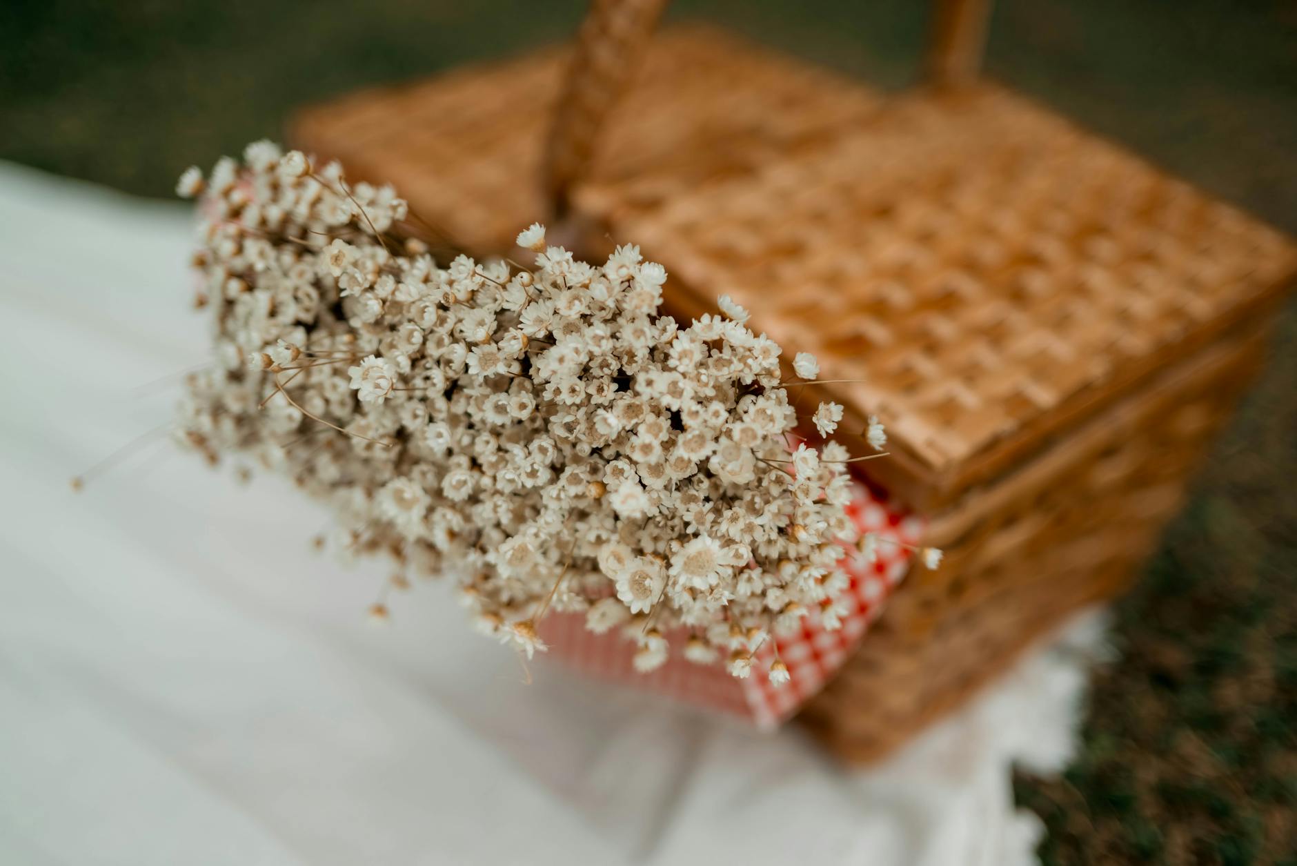 Charming picnic basket adorned with Baby's Breath flowers sits outdoors on a blanket, exuding a rustic feel.