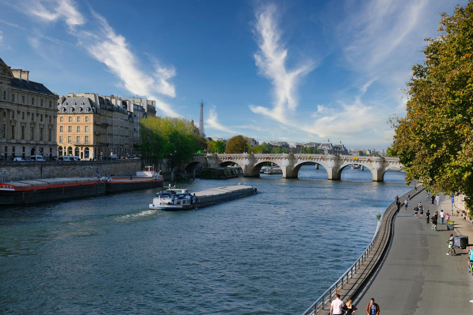 Charming Paris river scene with Eiffel Tower and historical architecture under blue skies.