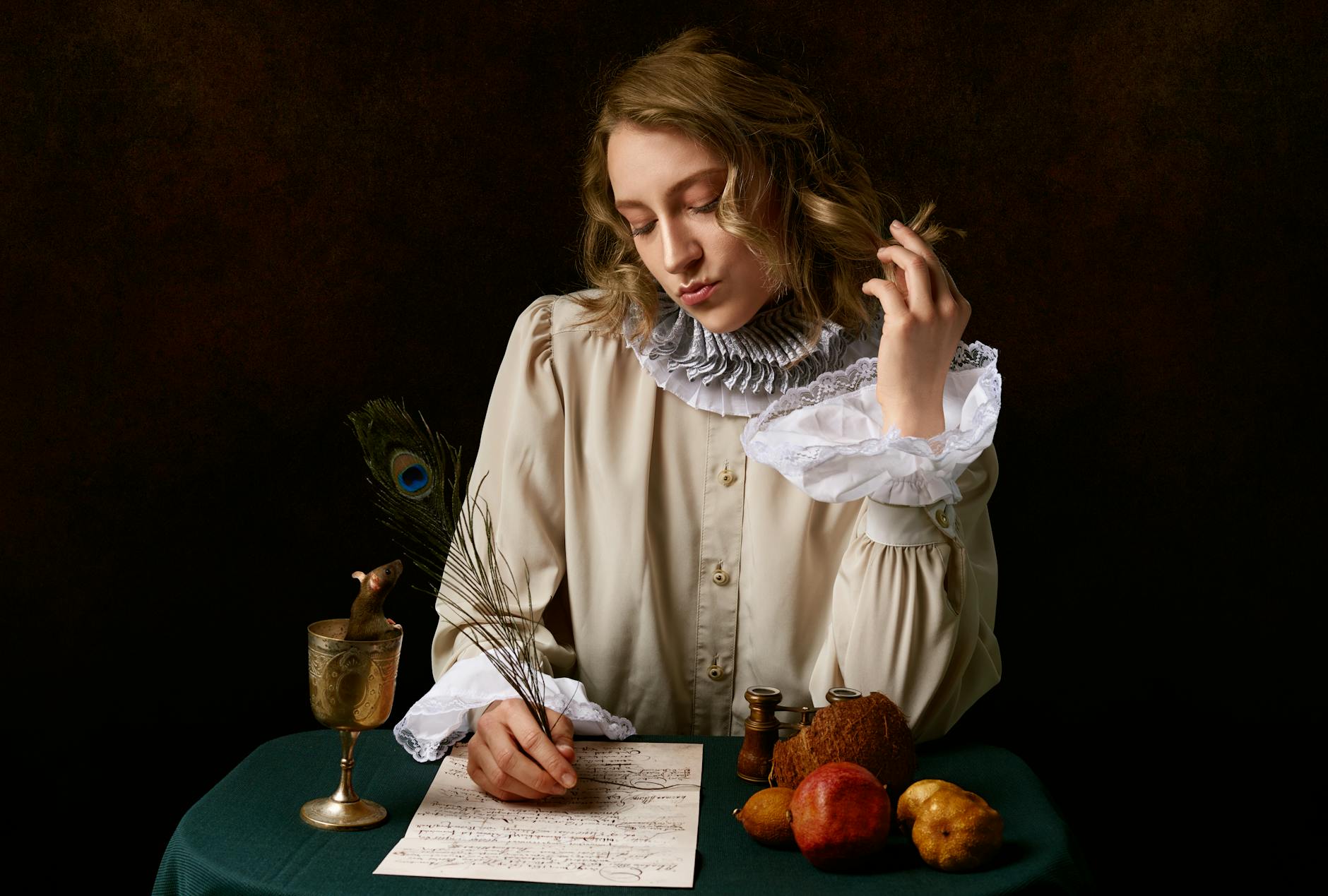 Elegant woman in vintage attire writing with a feather quill, evoking a historical setting.