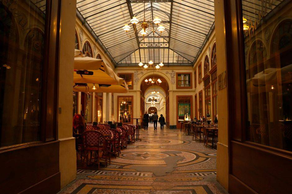 The mosaic floor and glass roof of Galerie Vivienne