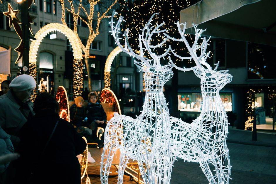 Illuminated reindeer decorations, illustrative Christmas photograph