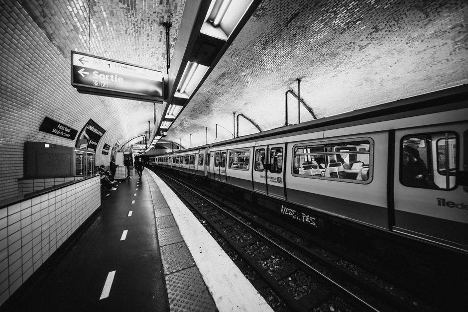 A Métro train, photographed in black and white