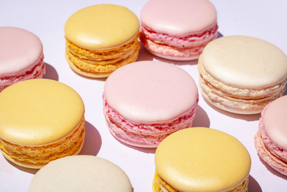 An assortment of colorful macarons