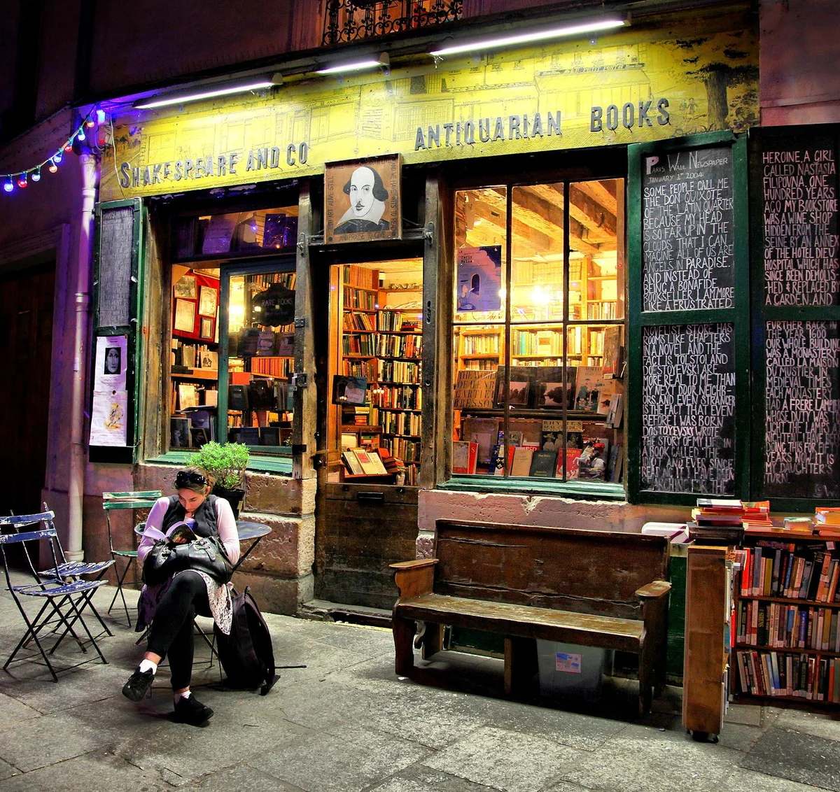 Shakespeare and Company illuminated in the evening