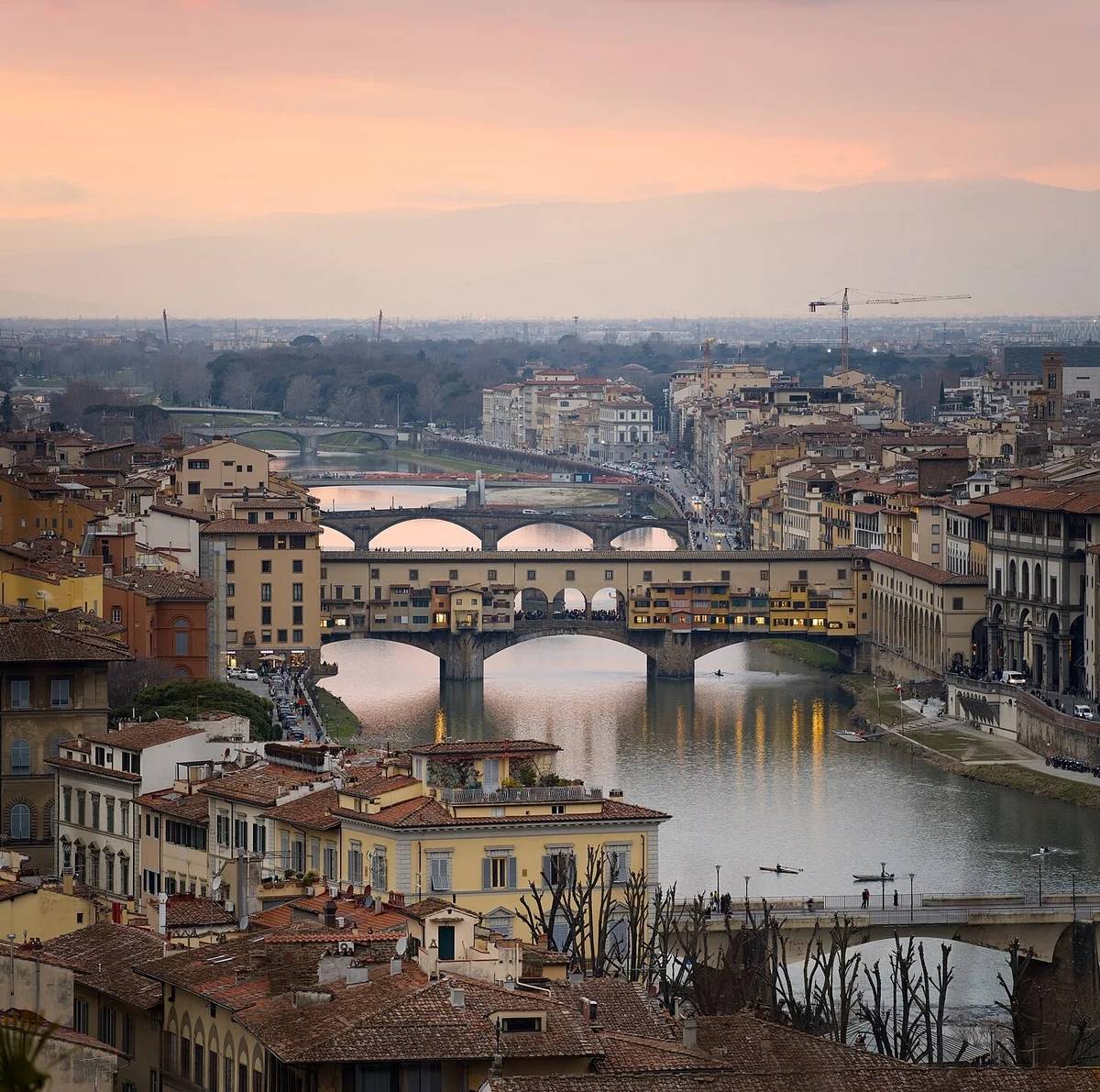The Arno and Ponte Vecchio at sunset, seen from Piazzale Michelangelo