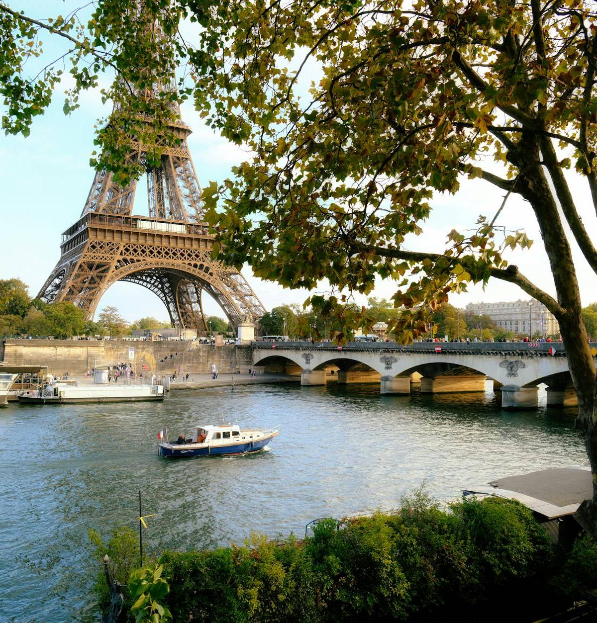 The Eiffel Tower above the riverbank