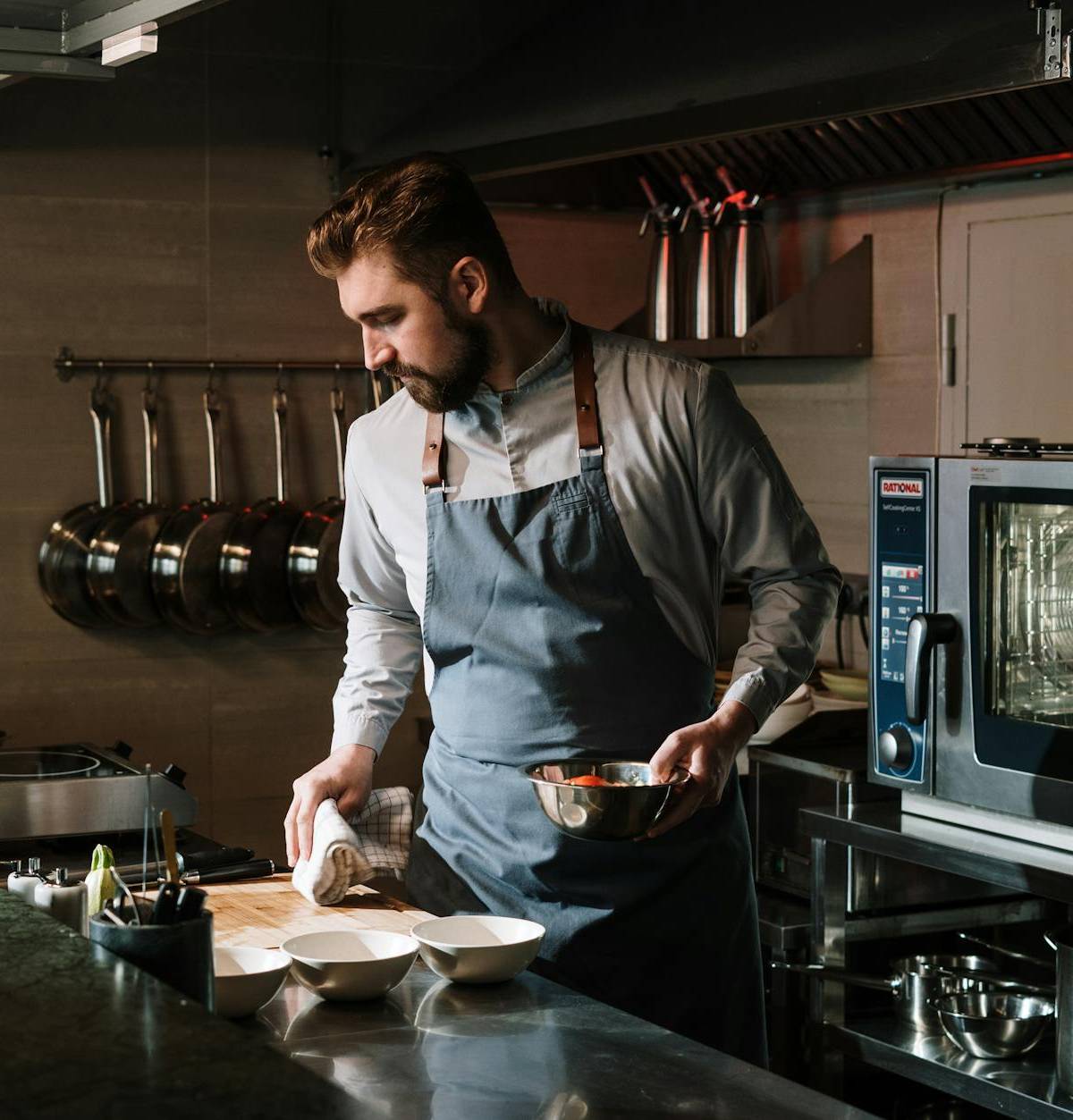 A chef at work in a restaurant kitchen, illustrative photograph