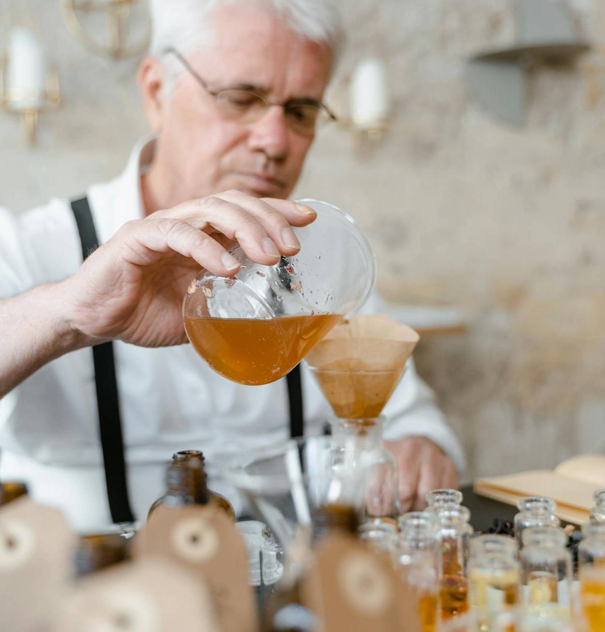 Fragrance ingredients being blended, illustrative photograph